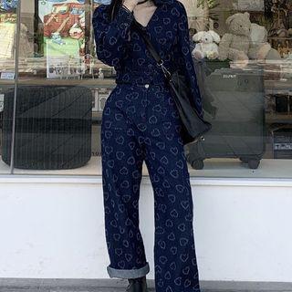 Heart Print Denim Blouse / Wide-leg Jeans