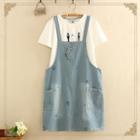 Bear Embroidered Striped Dungaree Dress