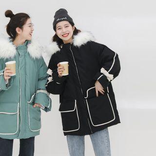 Furry Hood Contrast Trim Zip Jacket