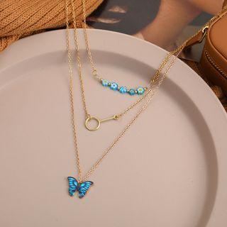 Layered Butterfly Pendant Necklace 54766 - Blue & Silver - One Size