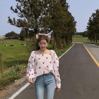 Square-neck Tie-back Cherry-pattern Blouse Ivory - One Size