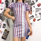 Striped Puff-sleeve Mini Sheath Dress