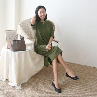 Half-placket Slit-side Midi Dress