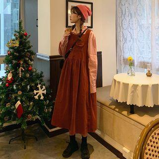 Long-sleeve Plain Shirt / Corduroy Midi A-line Pinafore Dress