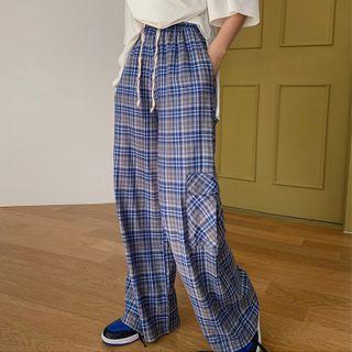 Flap-pocket Plaid Wide-leg Pants