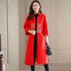 3/4-sleeve Embroidered Frog-buttoned Long Coat