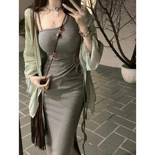 Loose-fit Light Jacket / Sleeveless Cutout Slim-fit Dress