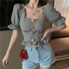 Square-neck Plaid Balloon-sleeve Top