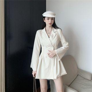 Plain Pleated Long-sleeve Blazer Dress