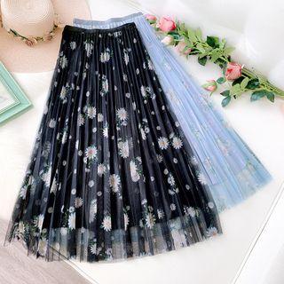 Floral Mesh Pleated A-line Skirt