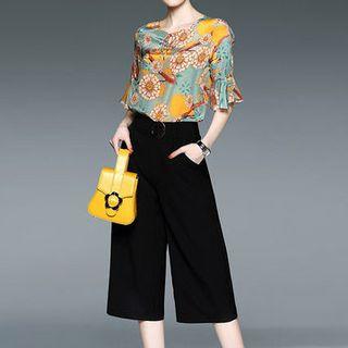 Set: Floral Print Elbow-sleeve Top + Wide Leg Cropped Pants