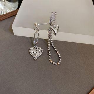 Heart Rhinestone Asymmetrical Alloy Dangle Earring 1 Pair - Asymmetric - Silver - One Size