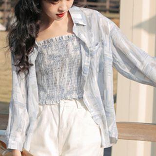 Set: Tie-dyed Smocked Camisole Top + Shirt Set Of 2 - Camisole Top & Shirt - Grayish Blue - One Size