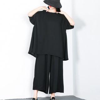 Set: Crew-neck Elbow-sleeve T-shirt + Cropped Wide-leg Pants Black - One Size