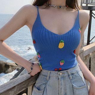 Embroidered Fruit Printed Knit Camisole Top Blue - One Size