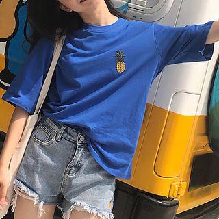 Elbow-sleeve Pineapple Embroidery T-shirt