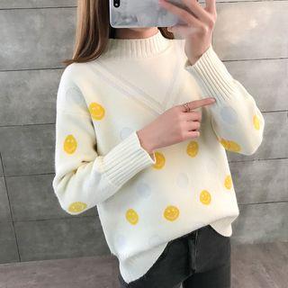 Mock Turtleneck Smiley Face Print Sweater