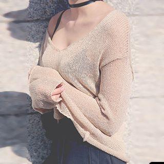 V-neck Sheer Long Sleeve Knit Top