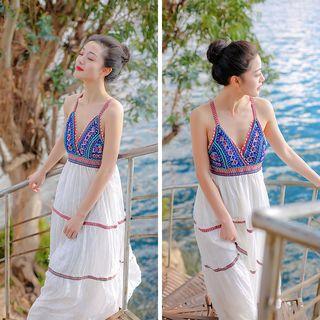 Sleeveless Embroidered Maxi A-line Dress