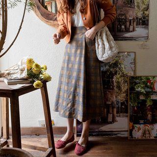 Band-waist Plaid Long Skirt Beige - One Size