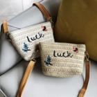 Embroidered Straw Bucket Crossbody Bag