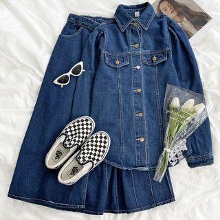 Long-sleeve Denim Jacket / Denim A-line Midi Skirt