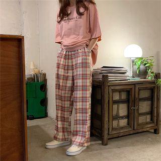 Elastic-waist Plaid Pants
