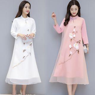 3/4-sleeve Floral Embroidery A-line Midi Dress