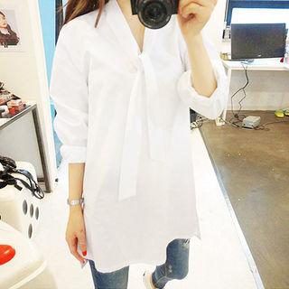 Tie-neck Button-cuff Long Top