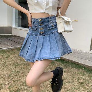 Denim Pleated Mini A-line Skort