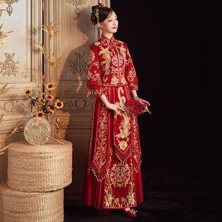 Set: 3/4-sleeve Beaded Embroidered Chinese Wedding Cheongsam + Maxi Skirt