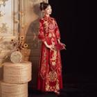 Set: 3/4-sleeve Beaded Embroidered Chinese Wedding Cheongsam + Maxi Skirt