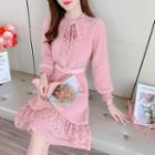 Long-sleeve Tie-neck Lace Panel Knit Dress