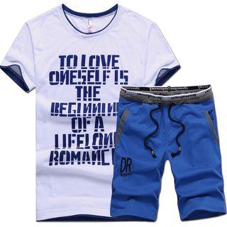 Set: Short-sleeve Lettering T-shirt + Drawstring Shorts