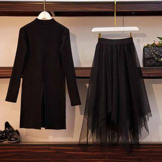 Set: Mock-neck Long Sweater + Mesh A-line Skirt