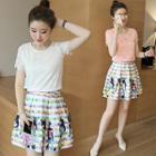 Set: Lace Short-sleeve Top + Print A-line Skirt