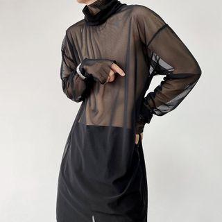 Stand Collar Sheer Mesh Long Sleeve Top