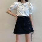Puff-sleeve Plain Blouse / High-waist Drawstring A-line Skirt