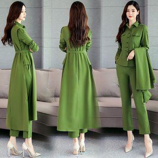 Set: Plain Shirt + Dress Pants + Open-front Midi Coat