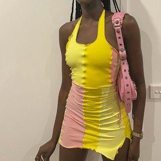 Halter Neck Color Block Mini Sheath Dress