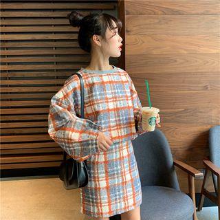 Set: Puff Sleeve Plaid Cropped Top + Skirt