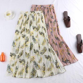 Leaf Print Midi Accordion Pleat Skirt