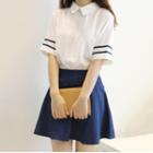Set: Striped Short-sleeve Blouse + High Waist A-line Skirt