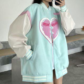 Heart Print Faux Leather Zip Baseball Jacket Light Green - One Size