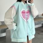 Heart Print Faux Leather Zip Baseball Jacket Light Green - One Size