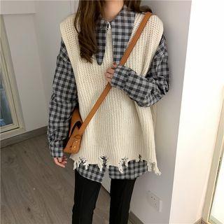 Tie-neck Plaid Shirt / Ripped Knit Vest