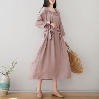 Tie-waist 3/4-sleeve Midi Shift Dress