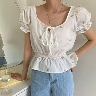 Puff-sleeve Tie-neck Floral Embroidered Blouse