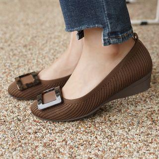 Buckled Ribbed Knit Wedge Pumps