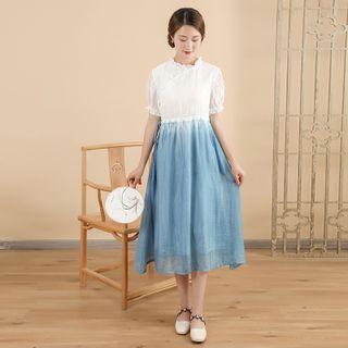 Indigo Dyed Puff-sleeve A-line Dress